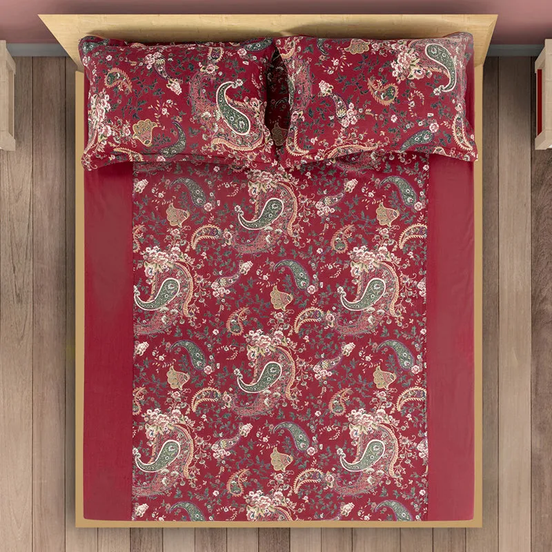 Swayam Crimson Paisley Cotton Bedsheet - 180 TC || Super Soft media 5