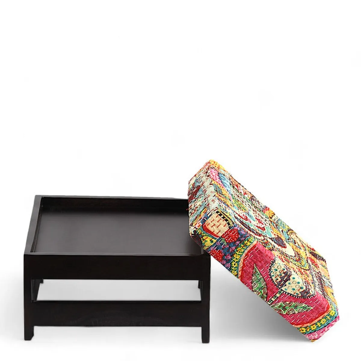 Stool shown with its colourful cushion lifted above the seat