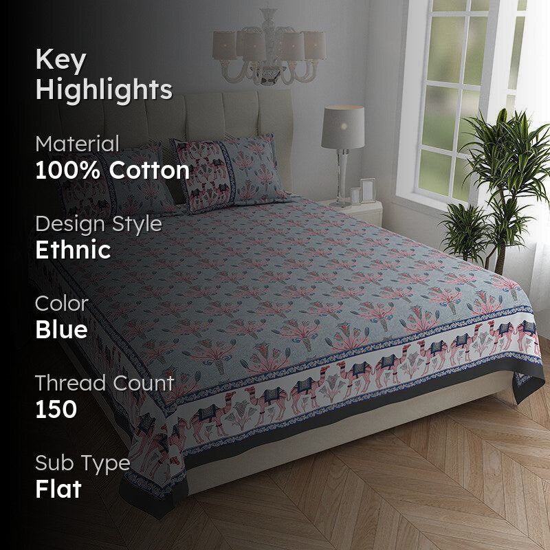 Kasturi Komfort Foral Cotton Bedsheet (Blue) - 150 TC media 2