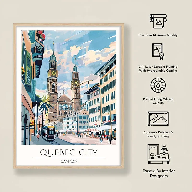 Vintage Quebec City Framed Canvas Archival Canvas Wall Painting - Natural Brown Frame media 8