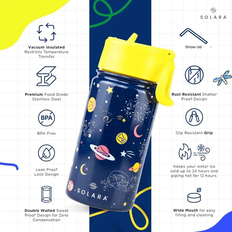 Yellow and blue insulated bottle with space print and straw lid