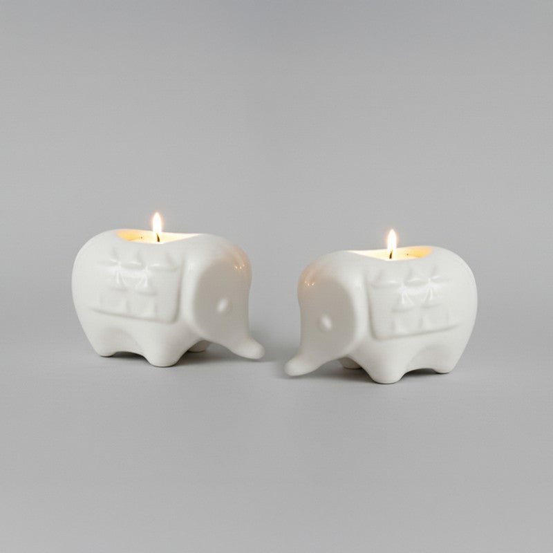 Ebony Elephant Ceramic Tea Light Candle Holders (White) - Set Of Two media 3