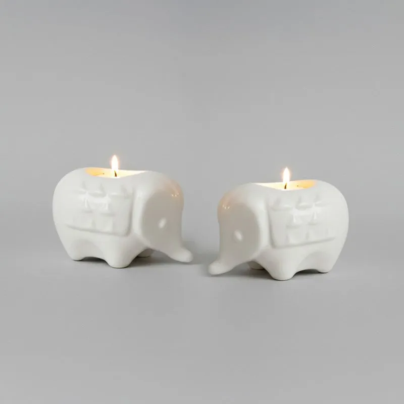 Ebony Elephant Ceramic Tea Light Candle Holders (White) - Set Of Two media 3