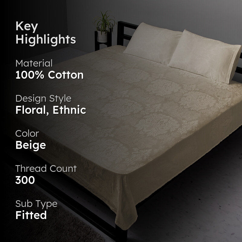 Symmetry Charm Fitted Jacquard Cotton Bedsheet (Beige) - 300 TC media 2