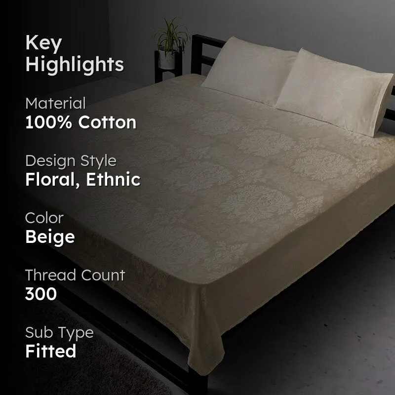 Symmetry Charm Fitted Jacquard Cotton Bedsheet (Beige) - 300 TC media 2