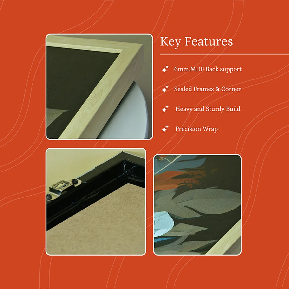 Close-up collage of frame edges, back support and artwork surface on an orange background