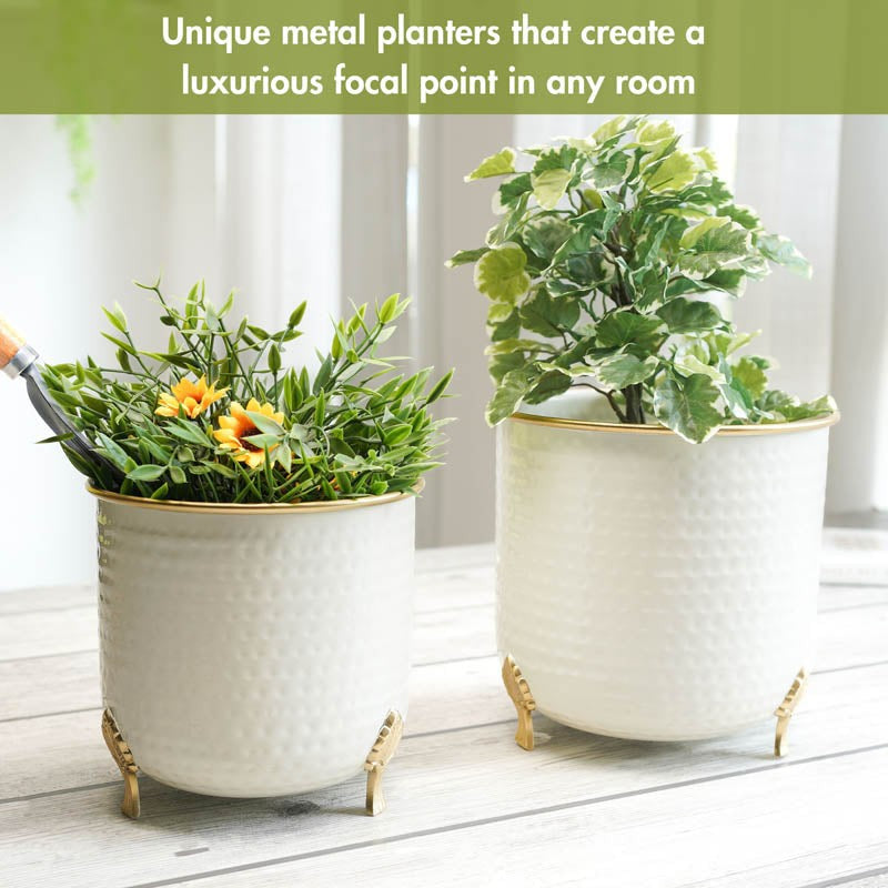 Aurea Metal Hammered Gold Rim Leaf leg Planter - Set of Two media 7