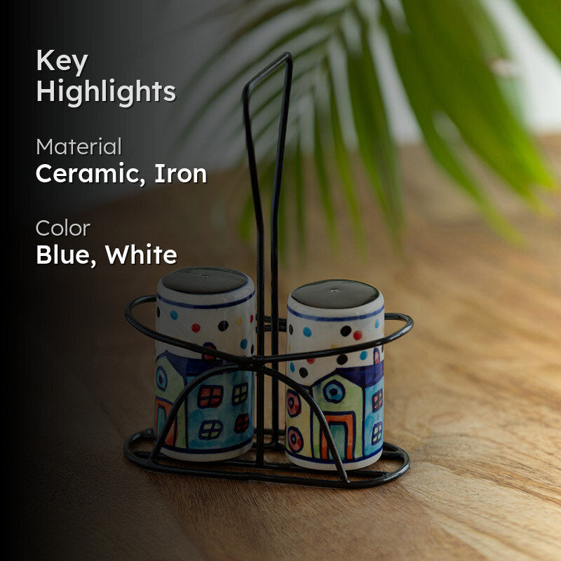 Coastal Cottage Ceramic Salt & Pepper Shaker With Iron Holder  (70 mL) - Three Piece Set media 2