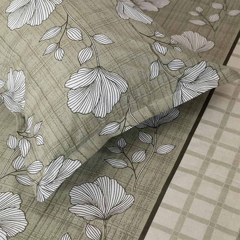 Manora Floral Cotton Bedsheet (Olive Green) - 144 TC media 1