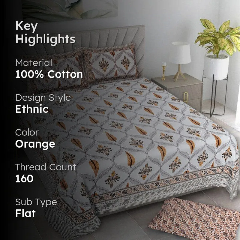 Quade Ethnic Cotton Bedsheet (Orange) - 160 TC media 2