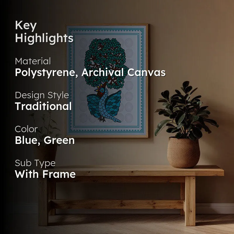 Ethereal Peacock Framed Gond Canvas Archival Canvas Wall Painting - Natural Brown Frame media 2
