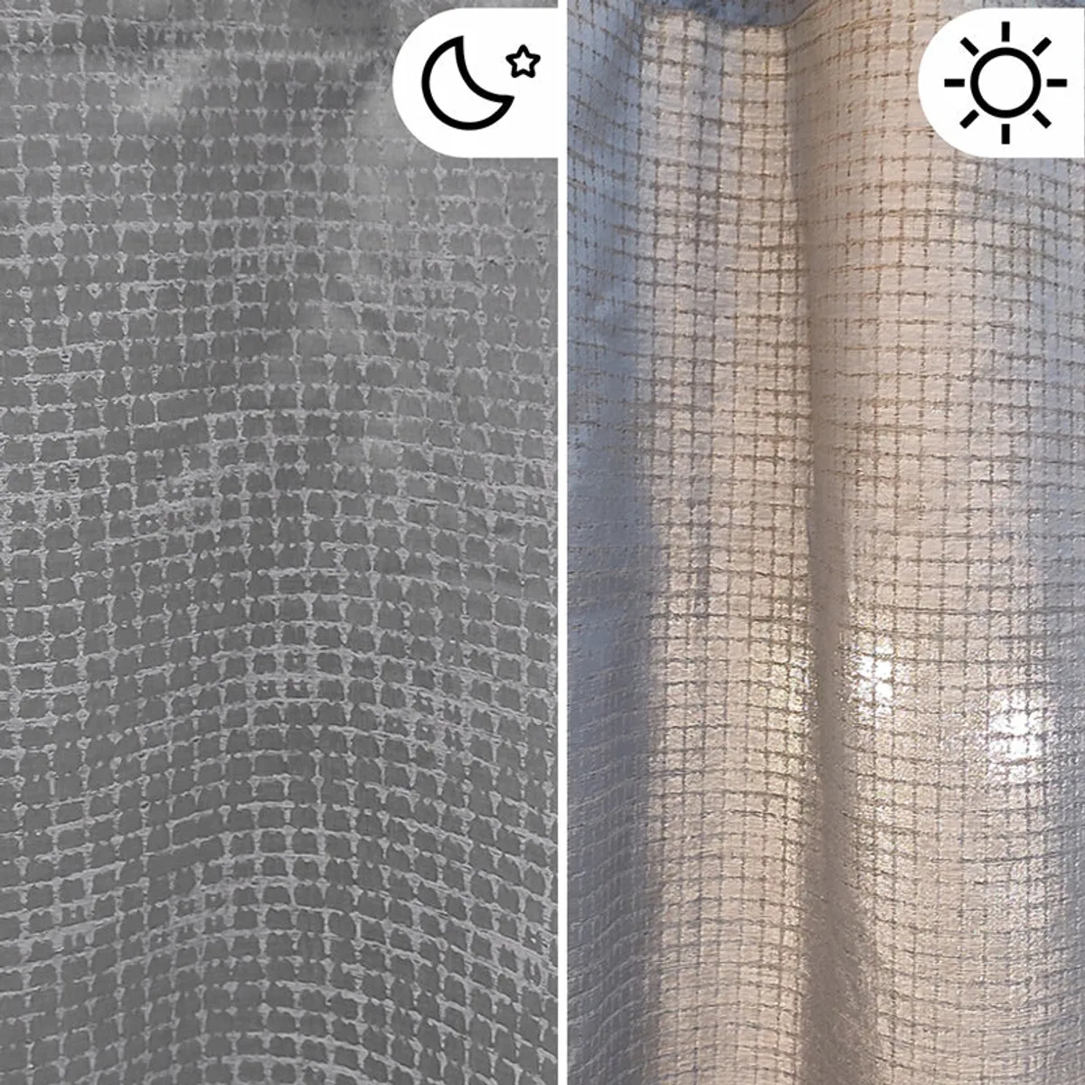 Close-up view of the curtain's grey abstract textured pattern