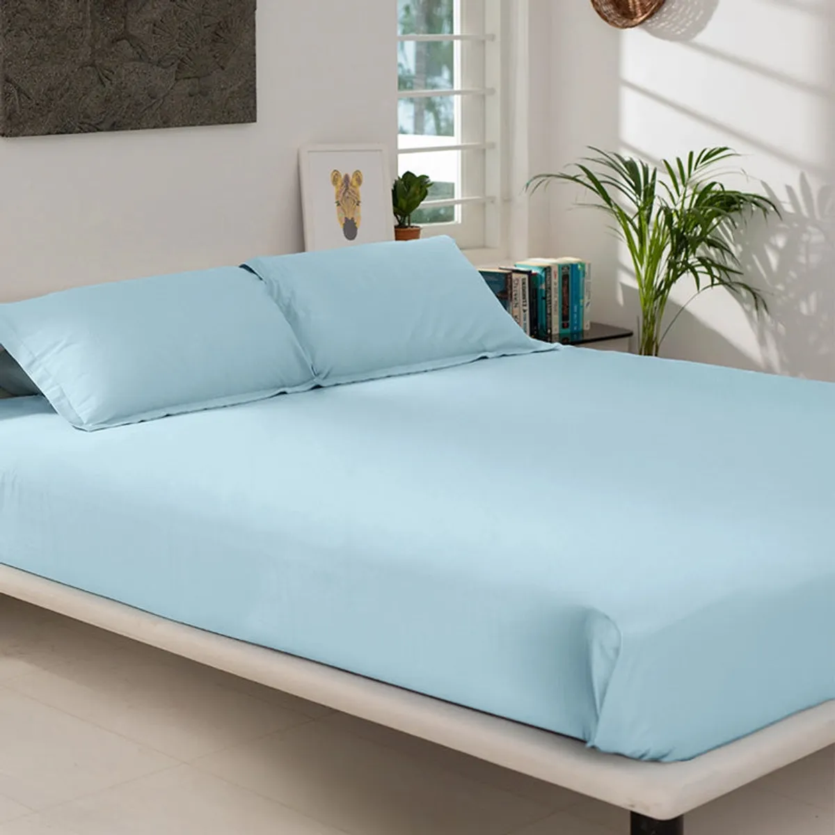 Pale blue pillow covers arranged on a neatly made bed.