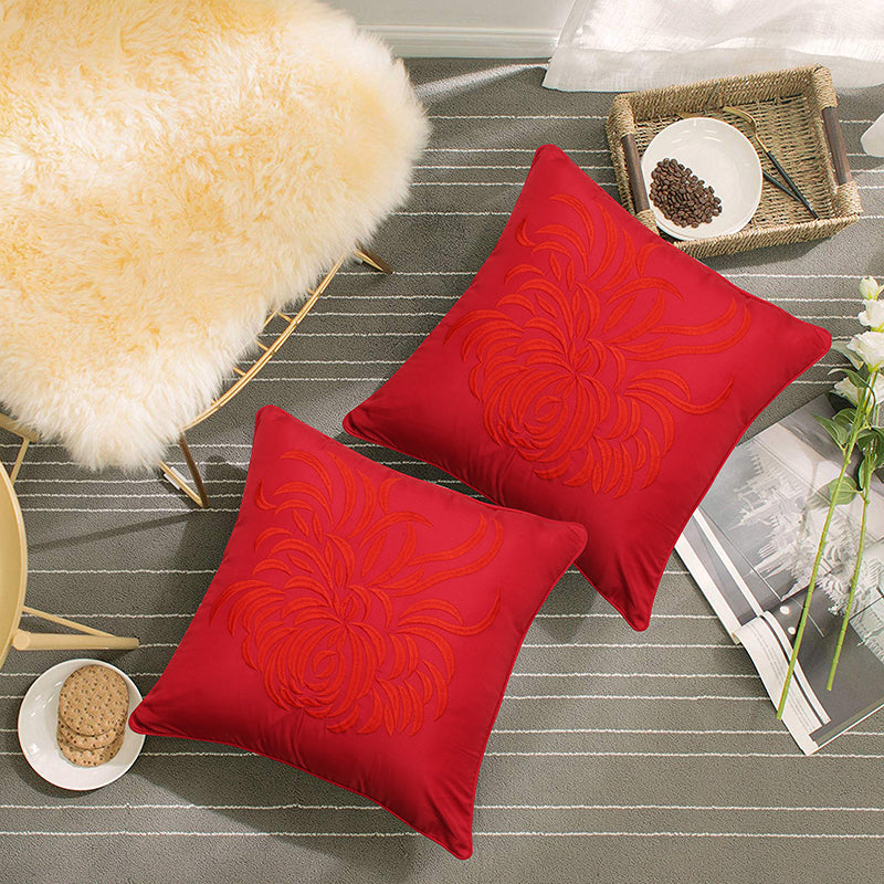 Mayflower Blooms Embroidered Cushion Cover (Red) - Set Of Two media 3