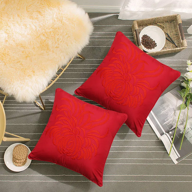 Mayflower Blooms Embroidered Cushion Cover (Red) - Set Of Two media 3