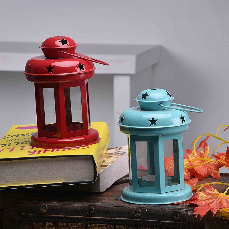 Vaira Lantern Tealight Candle Holder (Aqua Blue & Red) - Set Of Two media 4