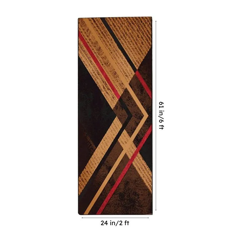 Brown geometric runner rug shown vertically with dimension markers