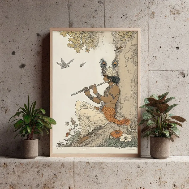 Lord Murlidhar Krishna Blissful Archival Paper Wall Art - Natural Brown Frame media 4