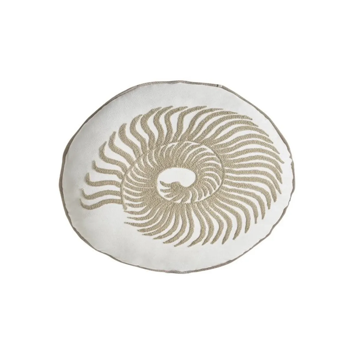 Close-up view of the round white cushion cover with a beige shell motif.