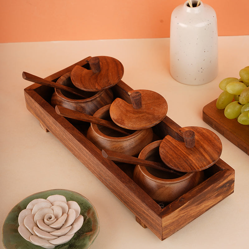 Tiernan Wood Condiment Jar With Tray - Seven Piece Set