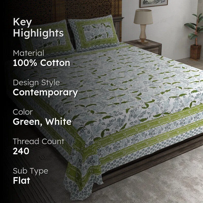 Designa Cotton Bedsheet (Green,White) - 240 TC media 2