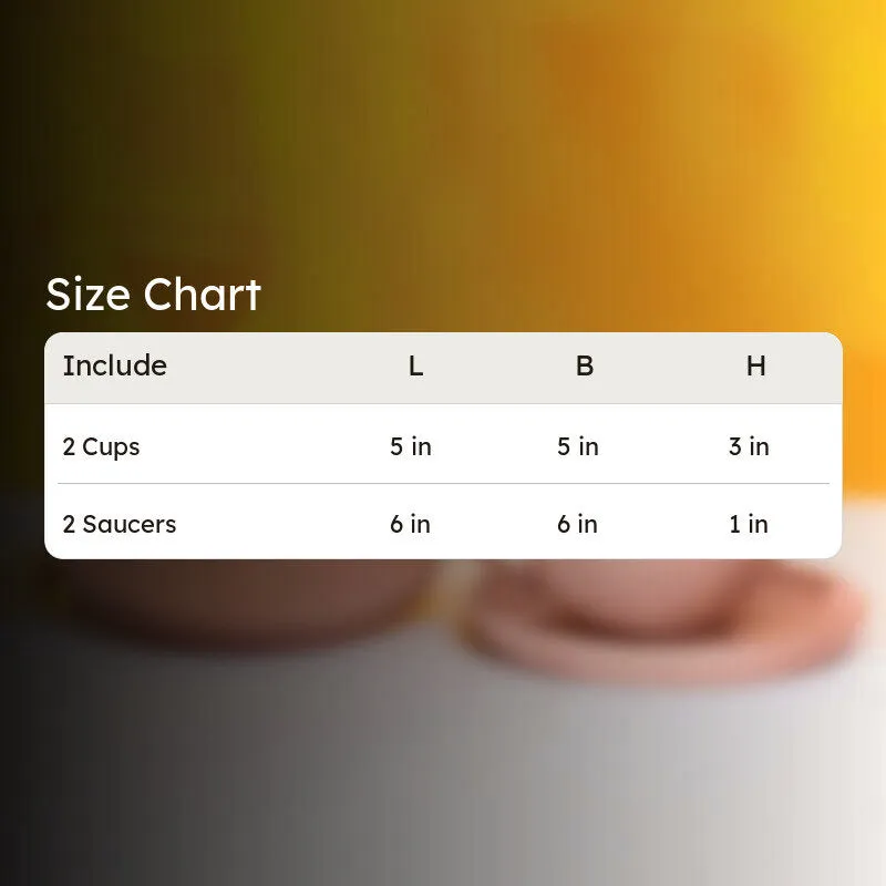 Peach-pink cups and saucers shown with size dimensions