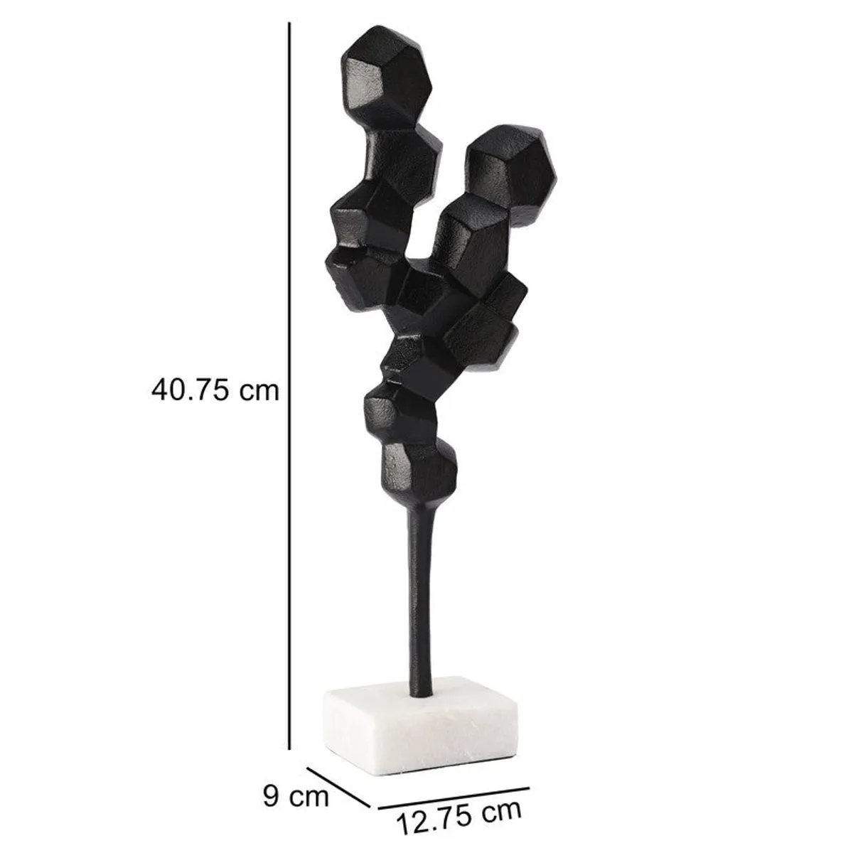 Black geometric showpiece with visible dimensions beside it