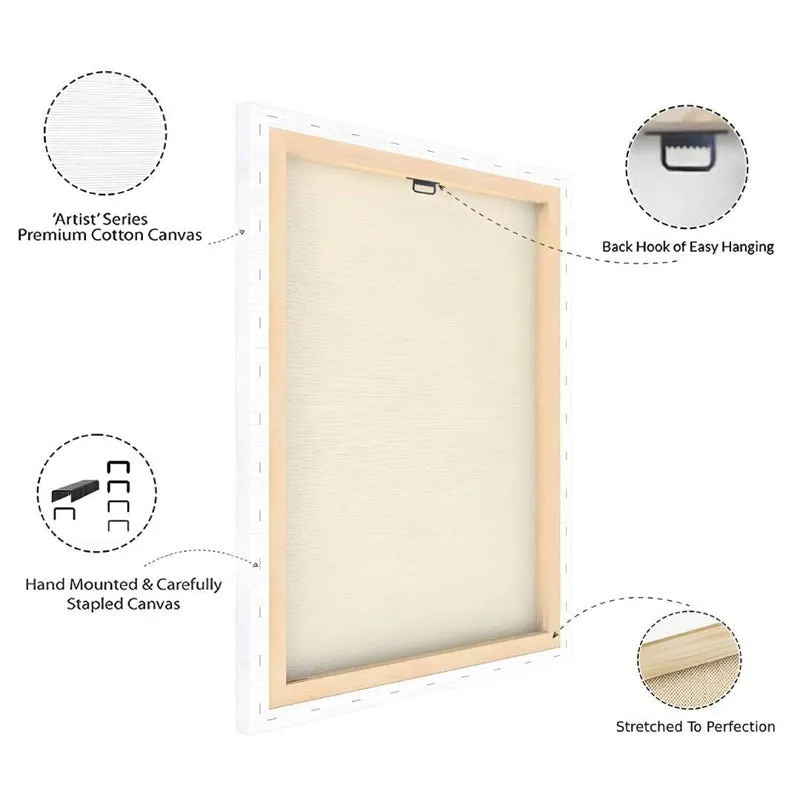 Back view of stretched canvas with wooden frame and hanging hook