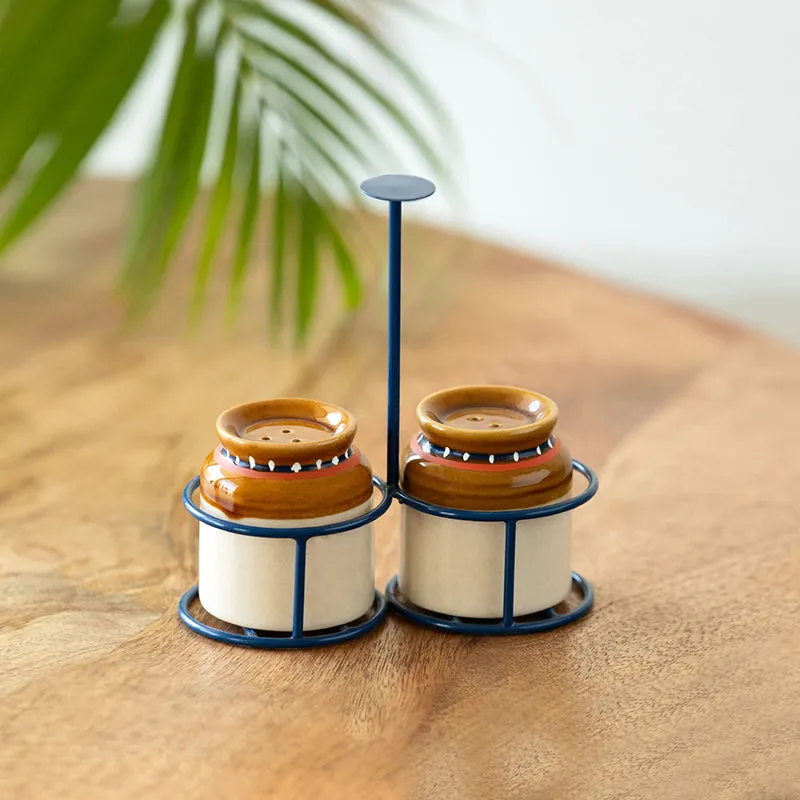 Bharani Ceramic Salt & Pepper Shaker With Iron Holder (80 mL Each) - Three Piece Set media 1