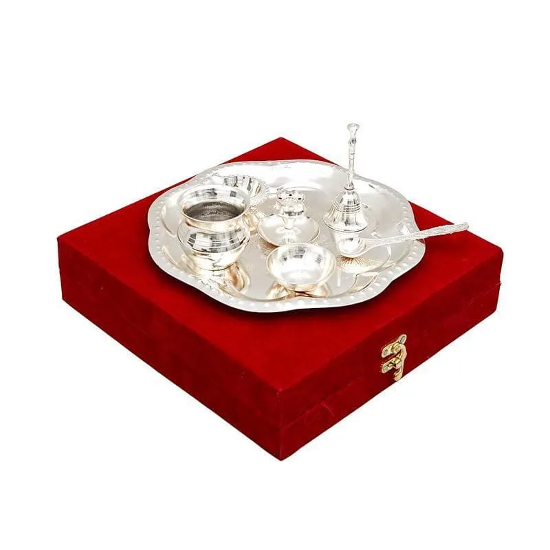 Shubh Pooja Floral Thaali - Silver media 6