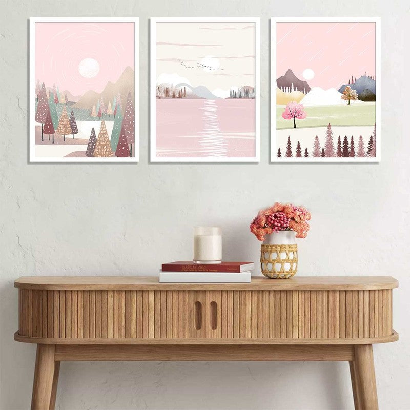 Misty Dreams Paper Wall Painting With MDF Frame - Set Of Three media 4
