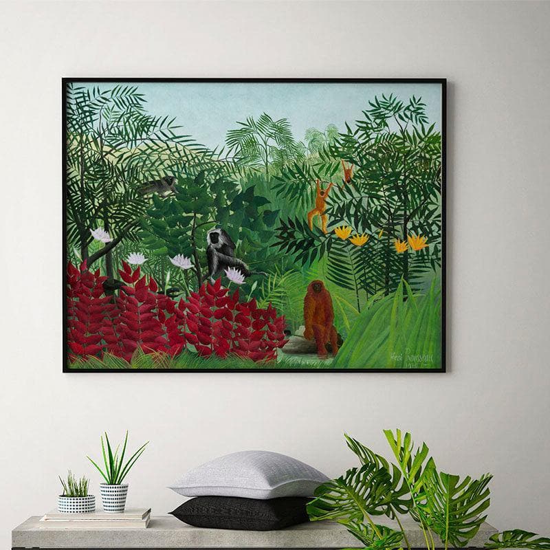 Tropical Forest With Monkeys Canvas Painting By Henri Rousseau - Black Frame