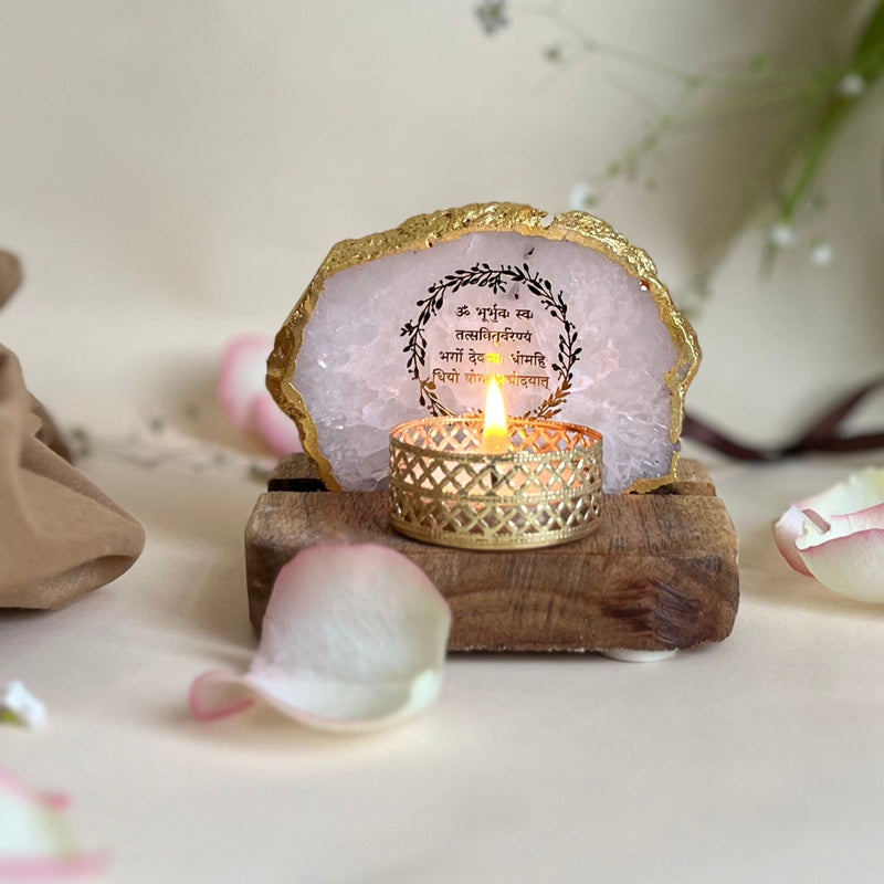 Gayathri Mantra Handcrafted Agate Religious Accent With Tealight Candle Holder - White