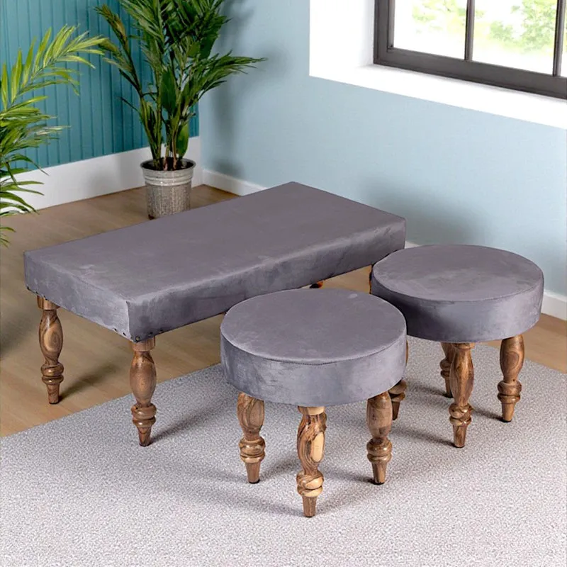 Dunex Sheesham Wooden Bench with Stools (Grey) - Three Piece Set media 1