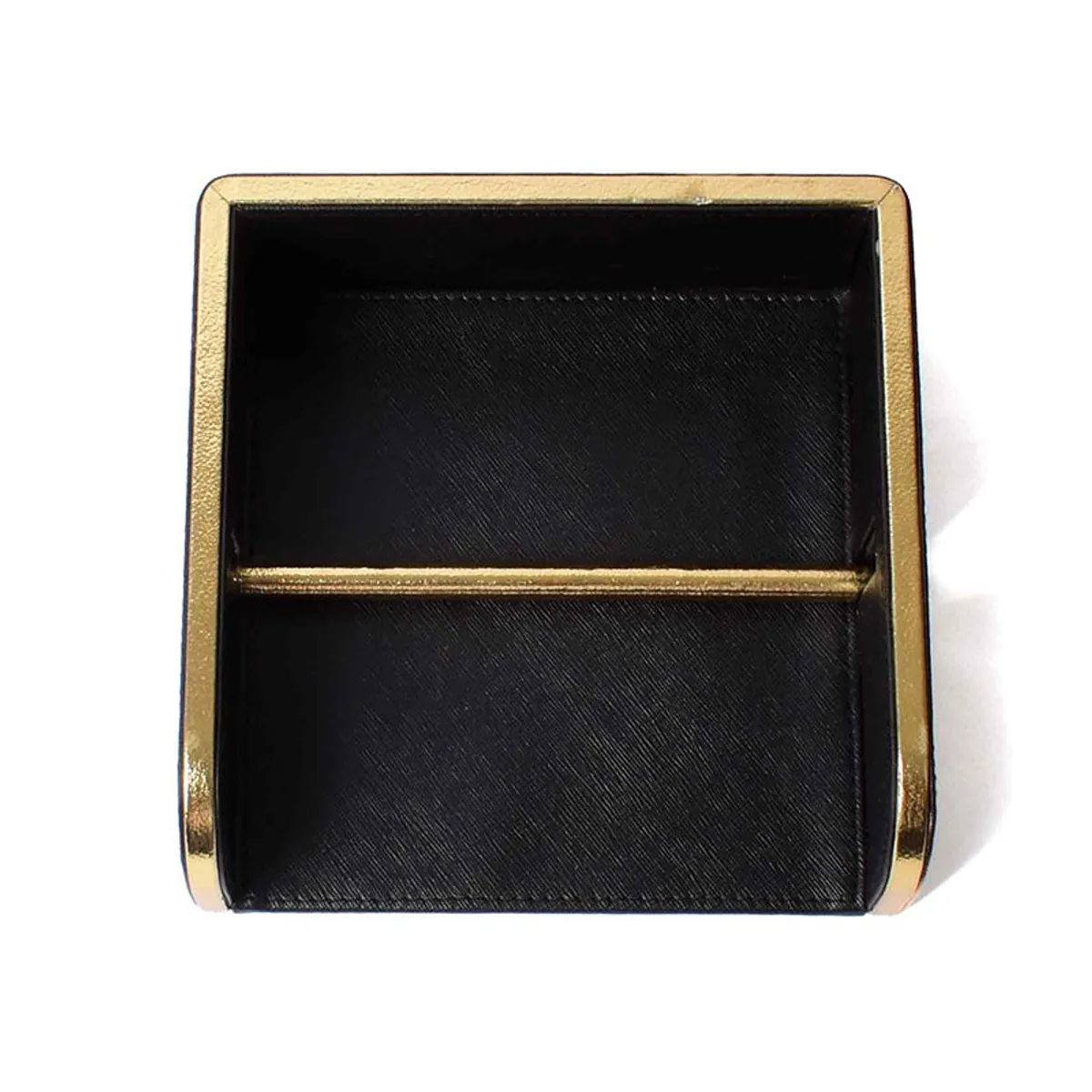 Top view showing the square black tissue holder and gold divider