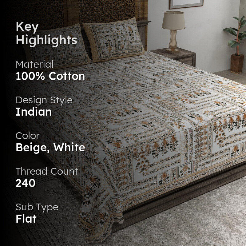 Designet Cotton Bedsheet (Beige,White) - 240 TC media 2