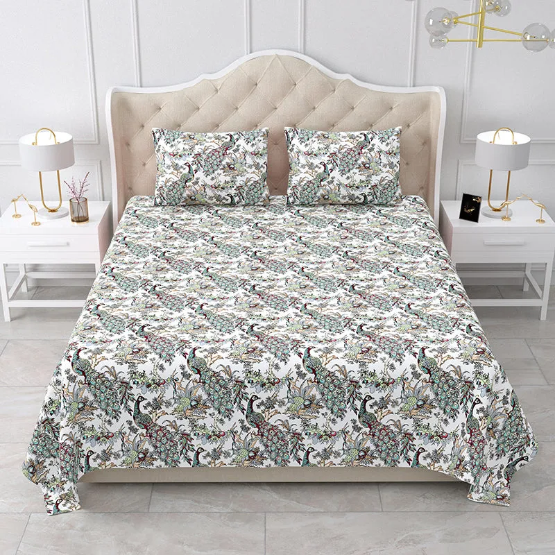Vibrant Mor Floral Cotton Bedsheet (Green & White) - 160 TC media 1