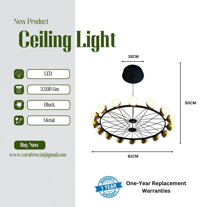 Black circular ceiling lamp shown with its overall dimensions.