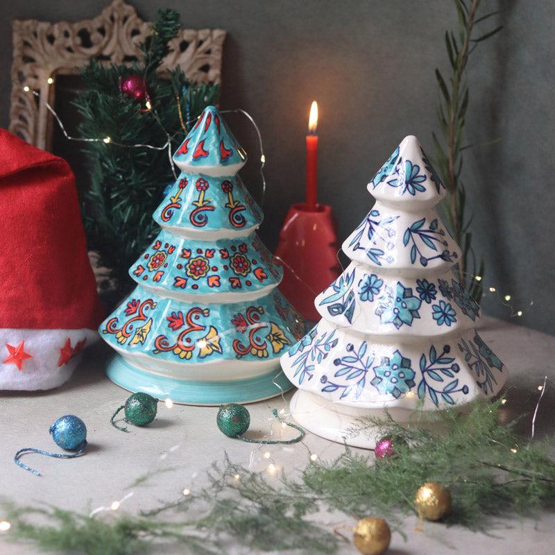 Decorative Christmas Tree Showpiece (White & Teal) - Set Of Two media 3