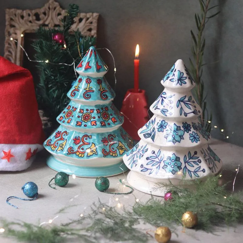 Decorative Christmas Tree Showpiece (White & Teal) - Set Of Two media 3