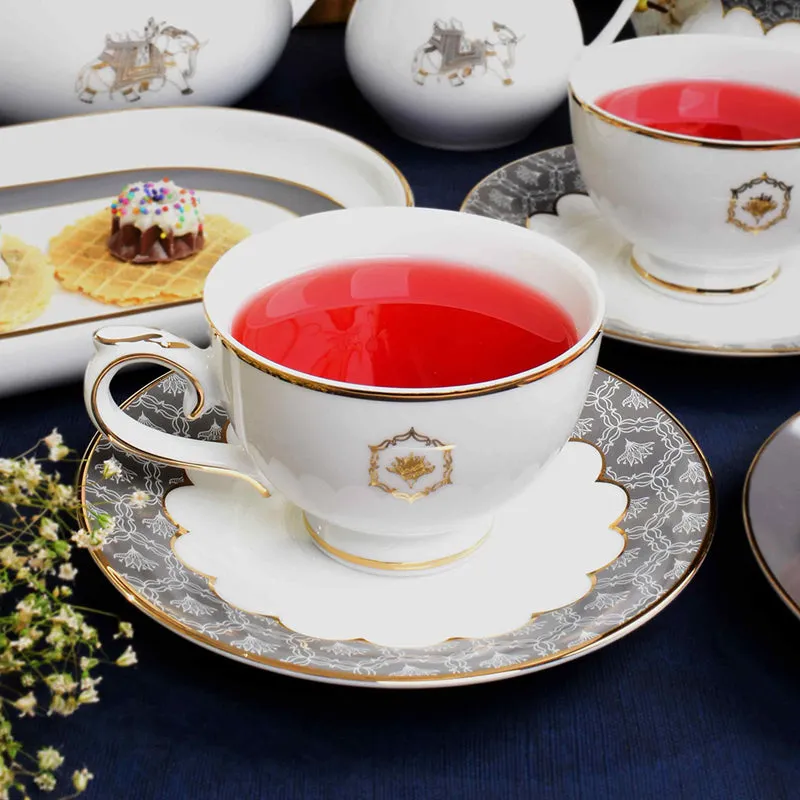 Gilded Legacy 24k Gold Brushed Porcelain Tea Cup & Saucer (Grey/ 300 mL) - Set of Six media 3