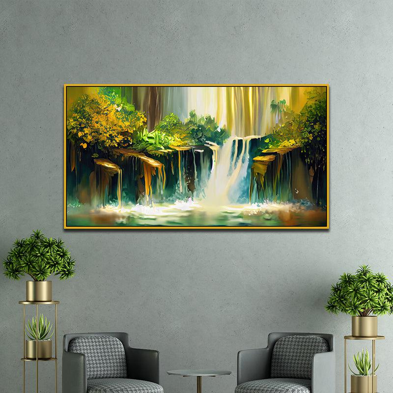 Utopian Waterfalls Landscape Canvas Wall Painting With Frame - Gold