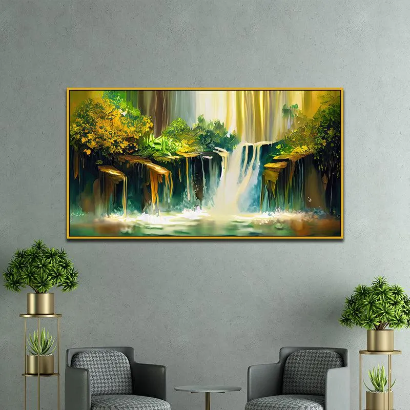Utopian Waterfalls Landscape Canvas Wall Painting With Frame - Gold media 1