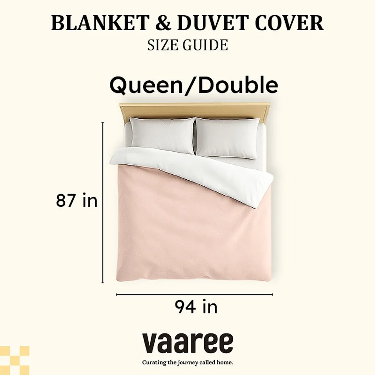 Queen/Double blanket size guide showing approximately 94 by 87 inches
