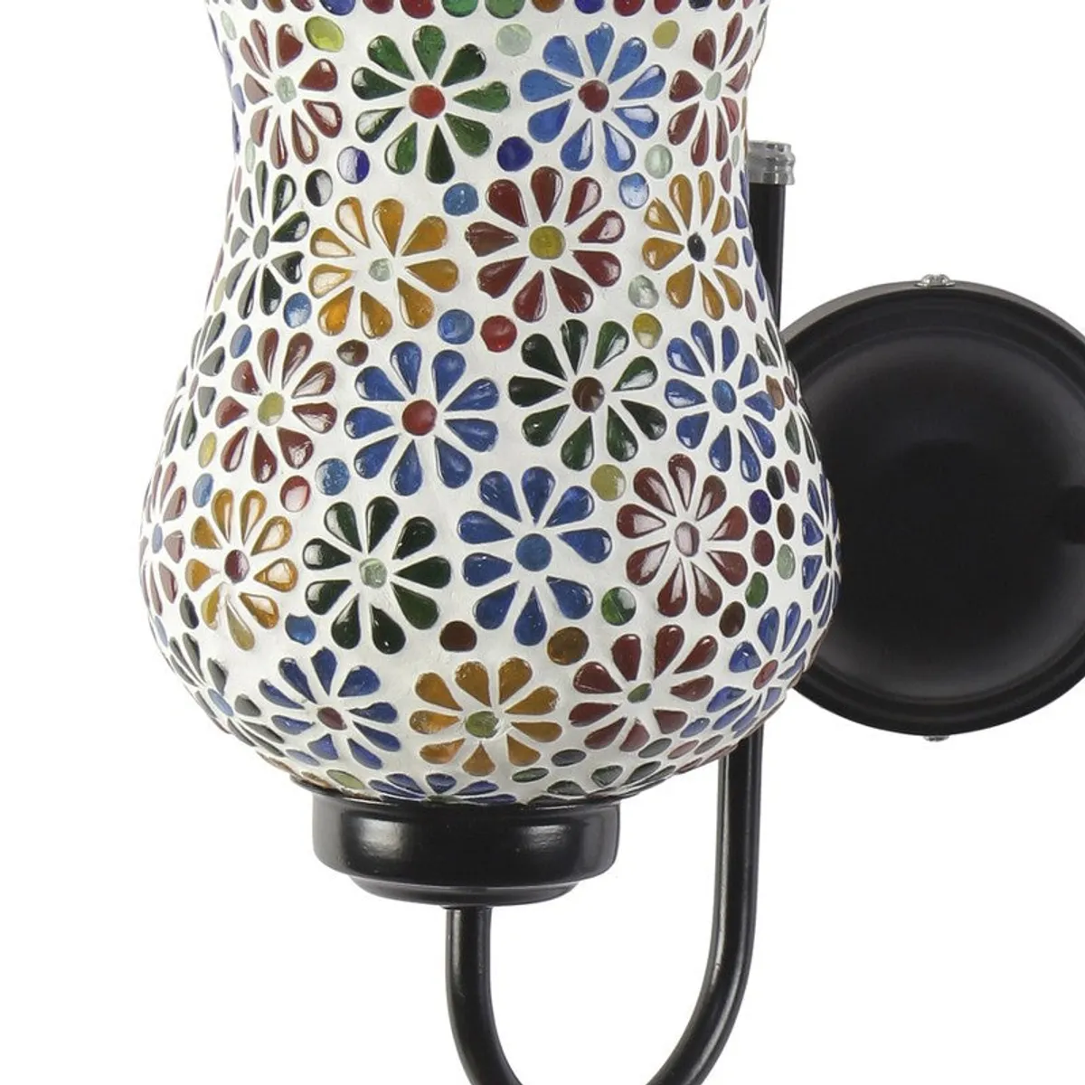 Close-up of one floral mosaic glass shade with black iron arm
