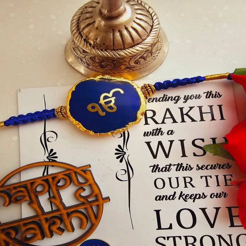 Ik Onkar Dark Blue Agate Rakhi Gift Set media 3