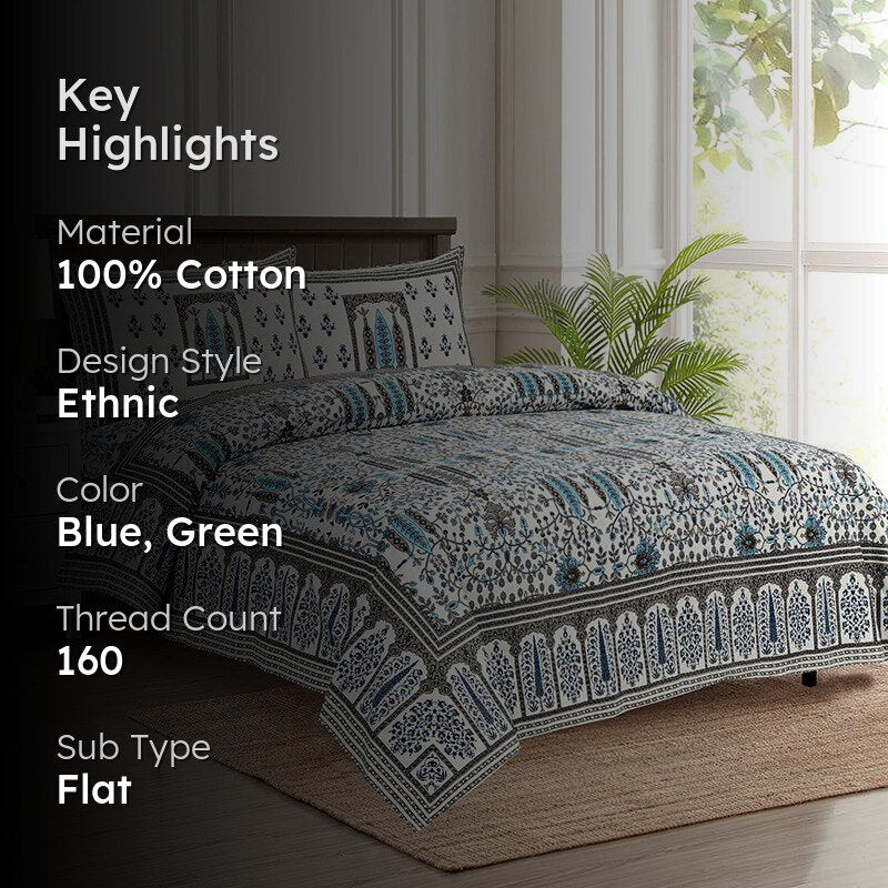 Ritu Mandala Ethnic Cotton Bedsheet (Blue & Green) - 160 TC media 2