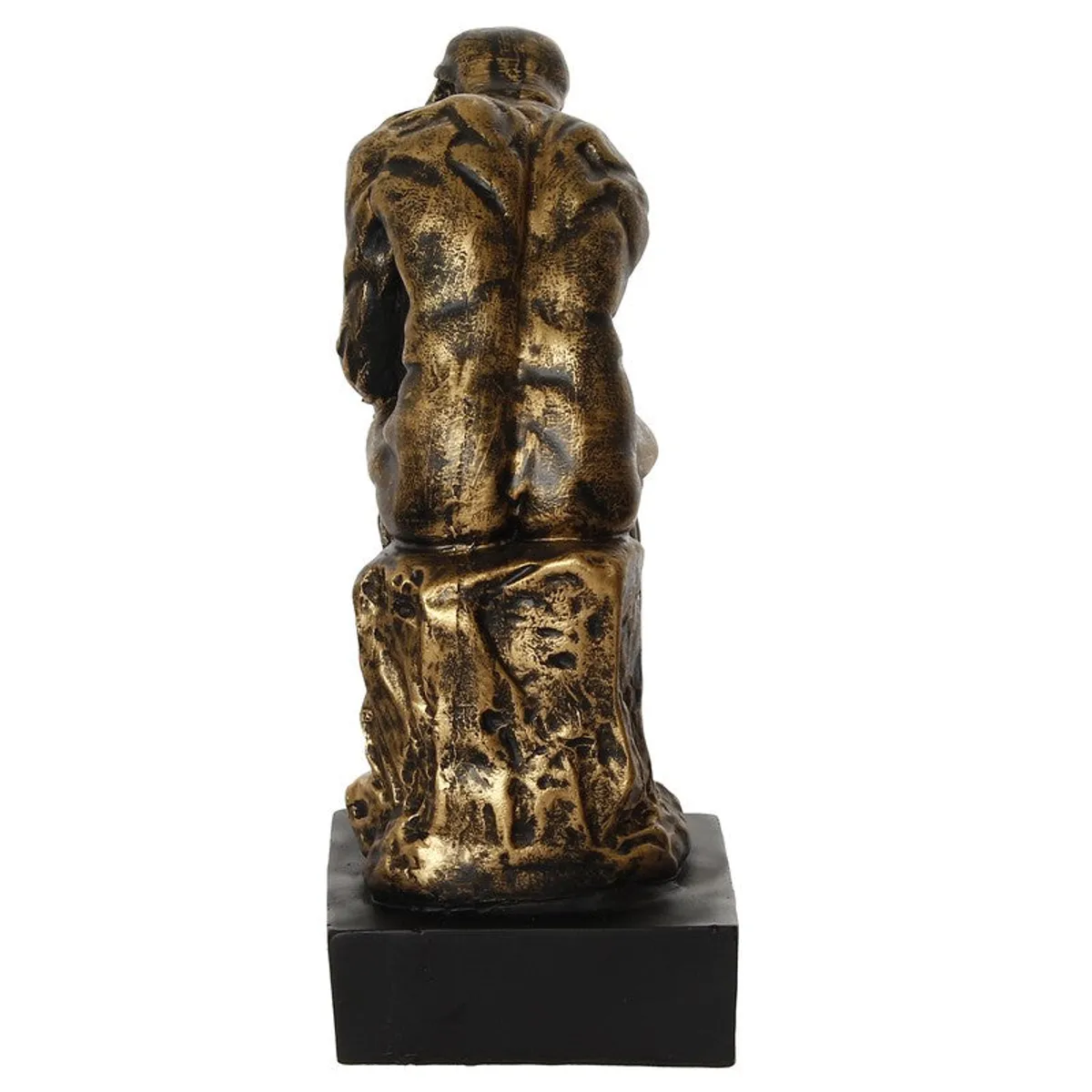 Rear view of gold and black thinker figurine on black base