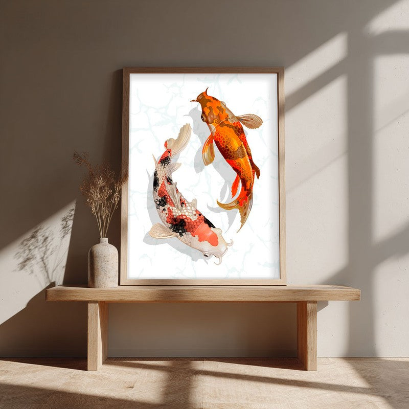 Koi Harmony Archival Paper Wall Art - Natural Brown Frame