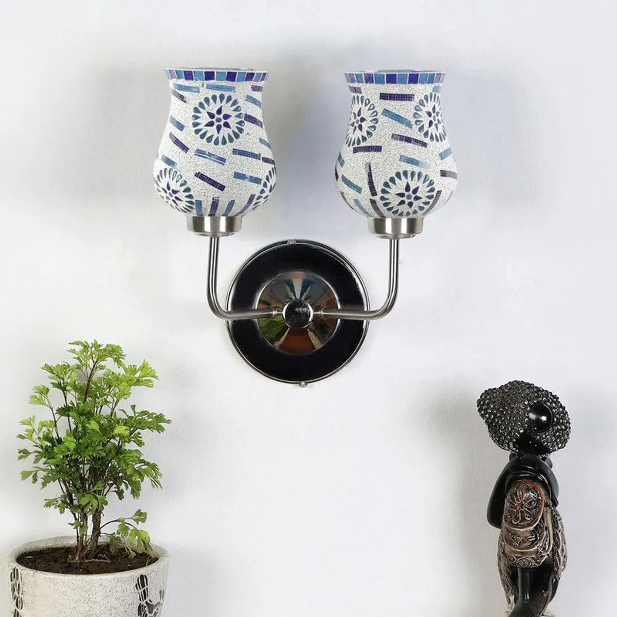 Wall-mounted dual glass lamp with mosaic pattern and steel base